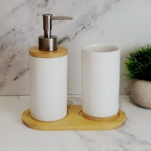 SET P/BAÑO CERAMICA/BAMBU 3PCS. L/BLANCA