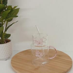 TAZA C/TAPA-SORBETE VIDRlO MARIPOSA PINK