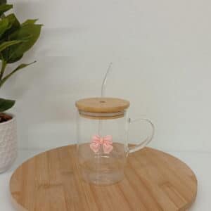 TAZA VIDRIO C/TAPA BAMBU Y SORBETE MOÑO