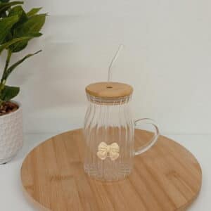 TAZA VIDRIO T/BAMBU C/SORBETE MOÑO WHITE